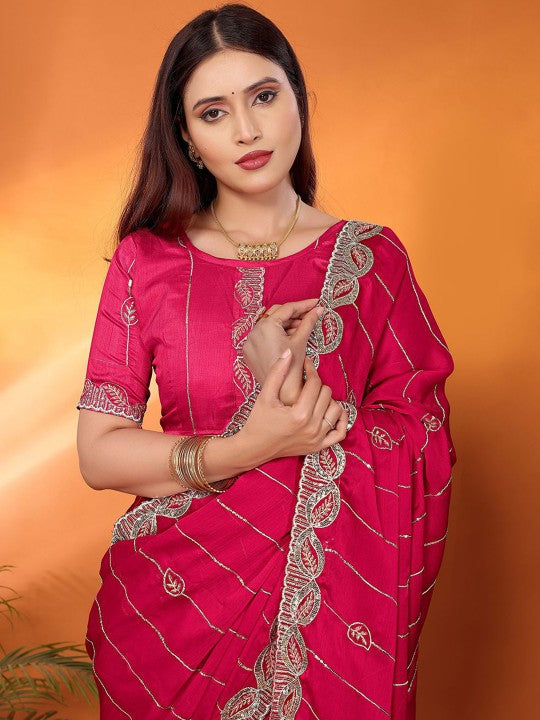 Festive Hot Pink Designer Saree with Diagonal Embroidery