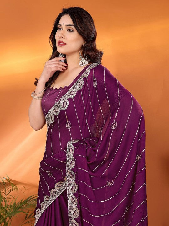 Bollywood Style Silk Blend Saree in Wine Color