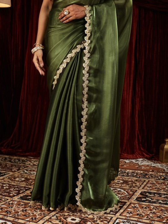 Designer Moss Green Plain Saree with Delicate Zari Border Wor