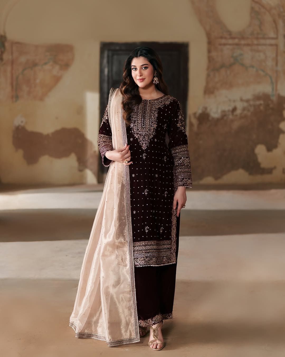 Regal Velvet Embroidered Suit Set with Organza Dupatta