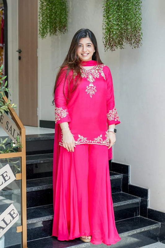 Hot Pink Embroidered Georgette Kurta Sharara Set