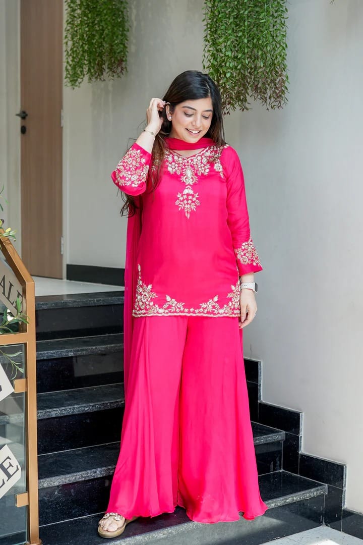 Hot Pink Embroidered Georgette Kurta Sharara Set