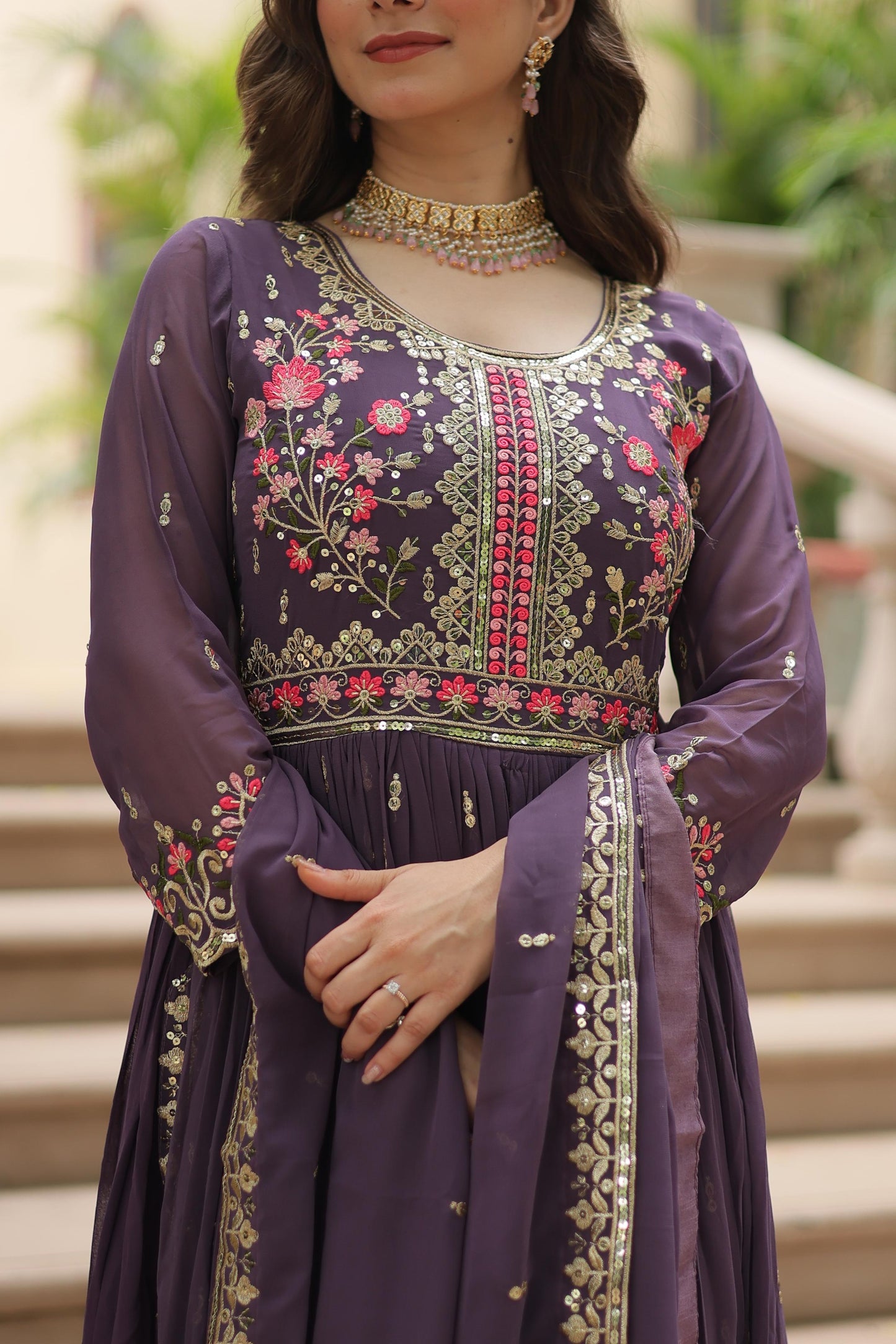 Regal Aubergine Anarkali Gown with Multi Color Floral Embroidery