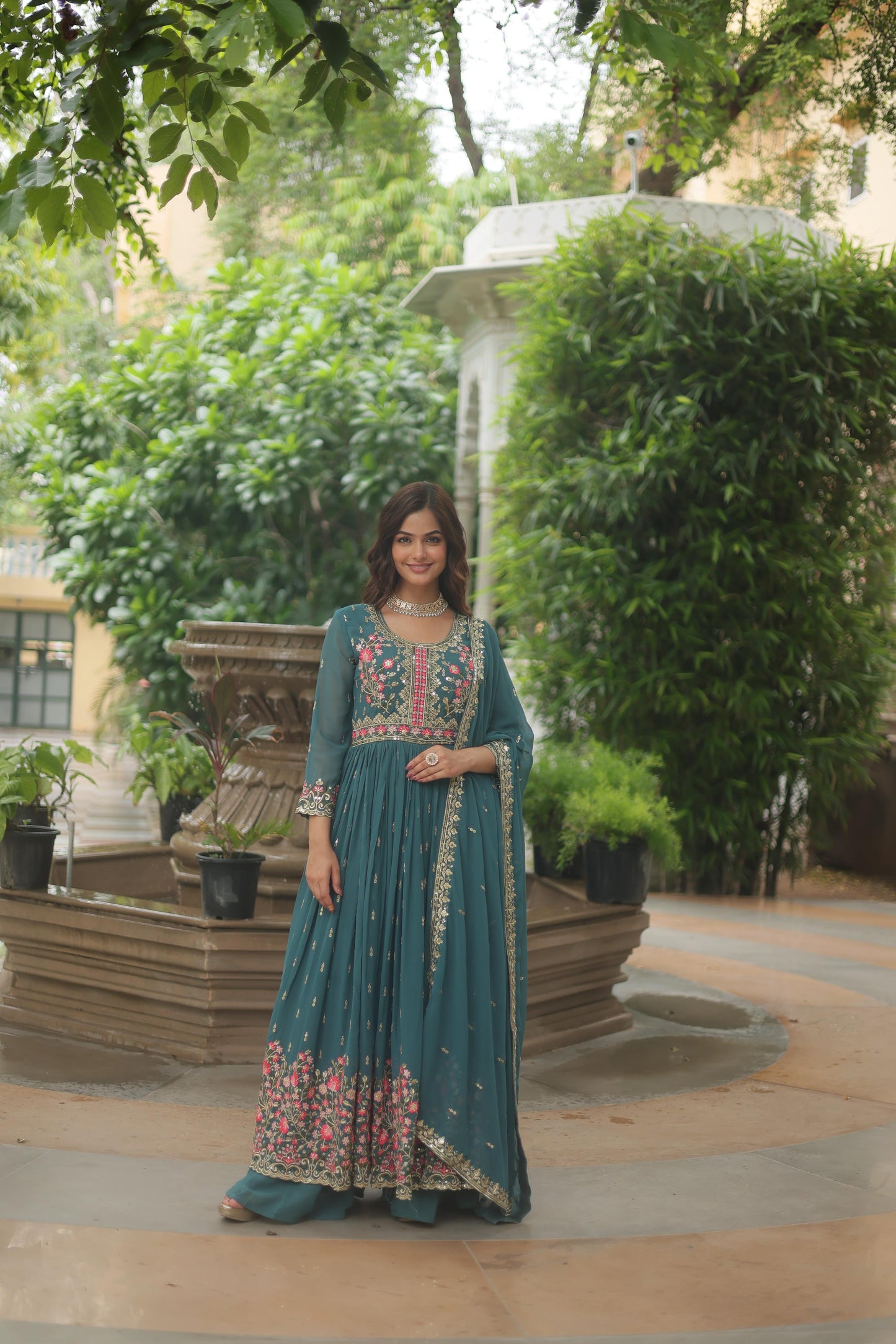 Exquisite Teal Anarkali Gown with Multi Color Floral Embroidery