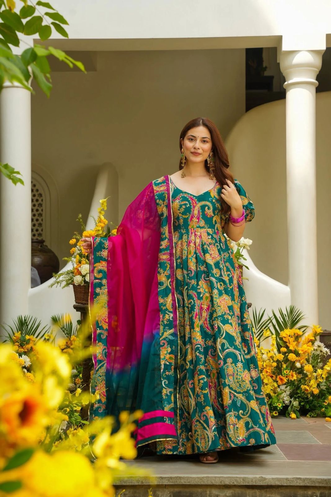Designer Flowy Maxi Dress with Heavy Print and Hot Pink Dupatta
