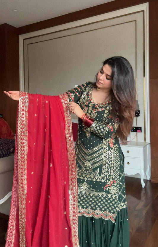 Festive Dark Green Georgette Sharara Set