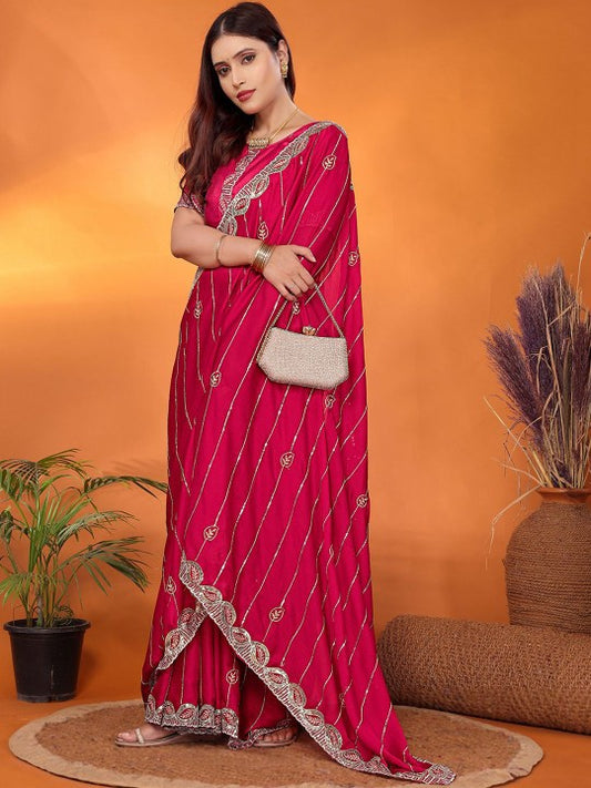 Festive Hot Pink Designer Saree with Diagonal Embroidery