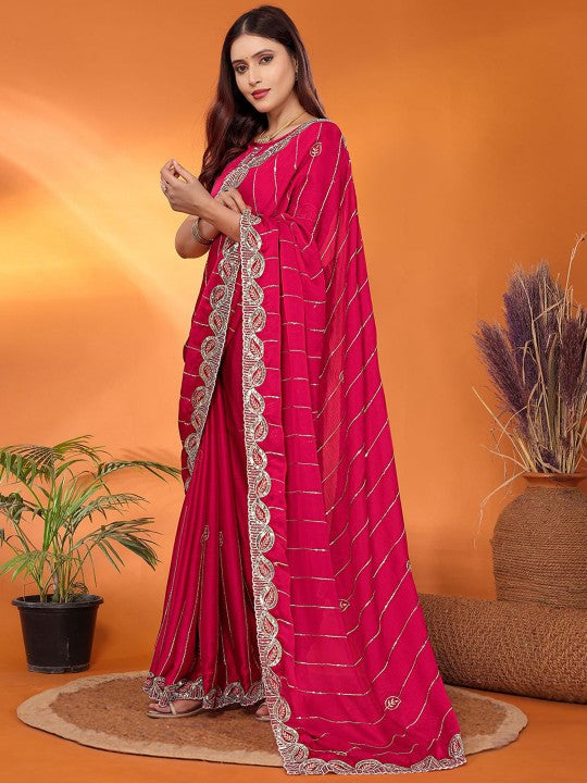 Festive Hot Pink Designer Saree with Diagonal Embroidery