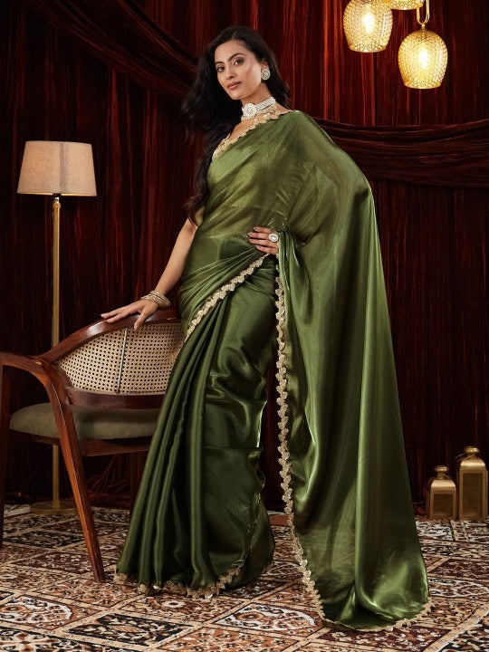 Designer Moss Green Plain Saree with Delicate Zari Border Wor