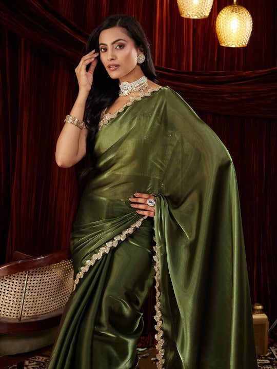 Designer Moss Green Plain Saree with Delicate Zari Border Wor