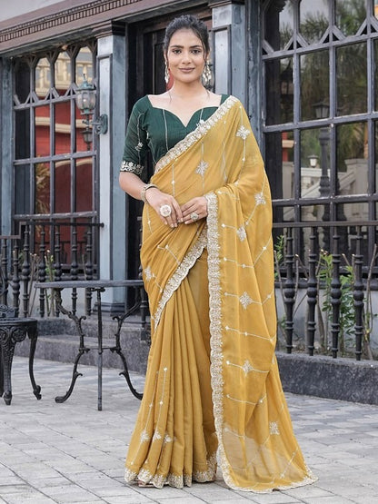 Designer Yellow Party Saree with Deep Green Sweetheart Blouse