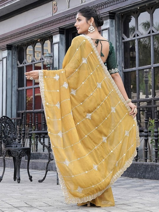 Designer Yellow Party Saree with Deep Green Sweetheart Blouse