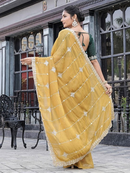 Designer Yellow Party Saree with Deep Green Sweetheart Blouse