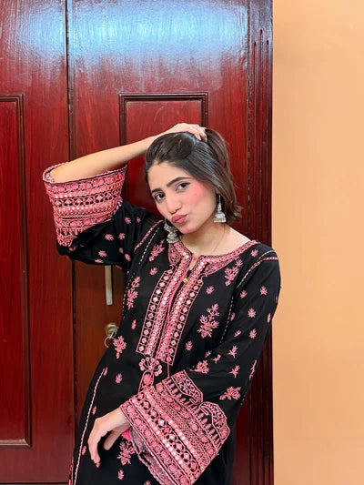Contemporary Black Kurti with Bell Sleeves and Tulip Shalwar
