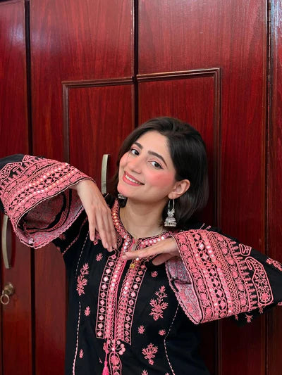 Contemporary Black Kurti with Bell Sleeves and Tulip Shalwar