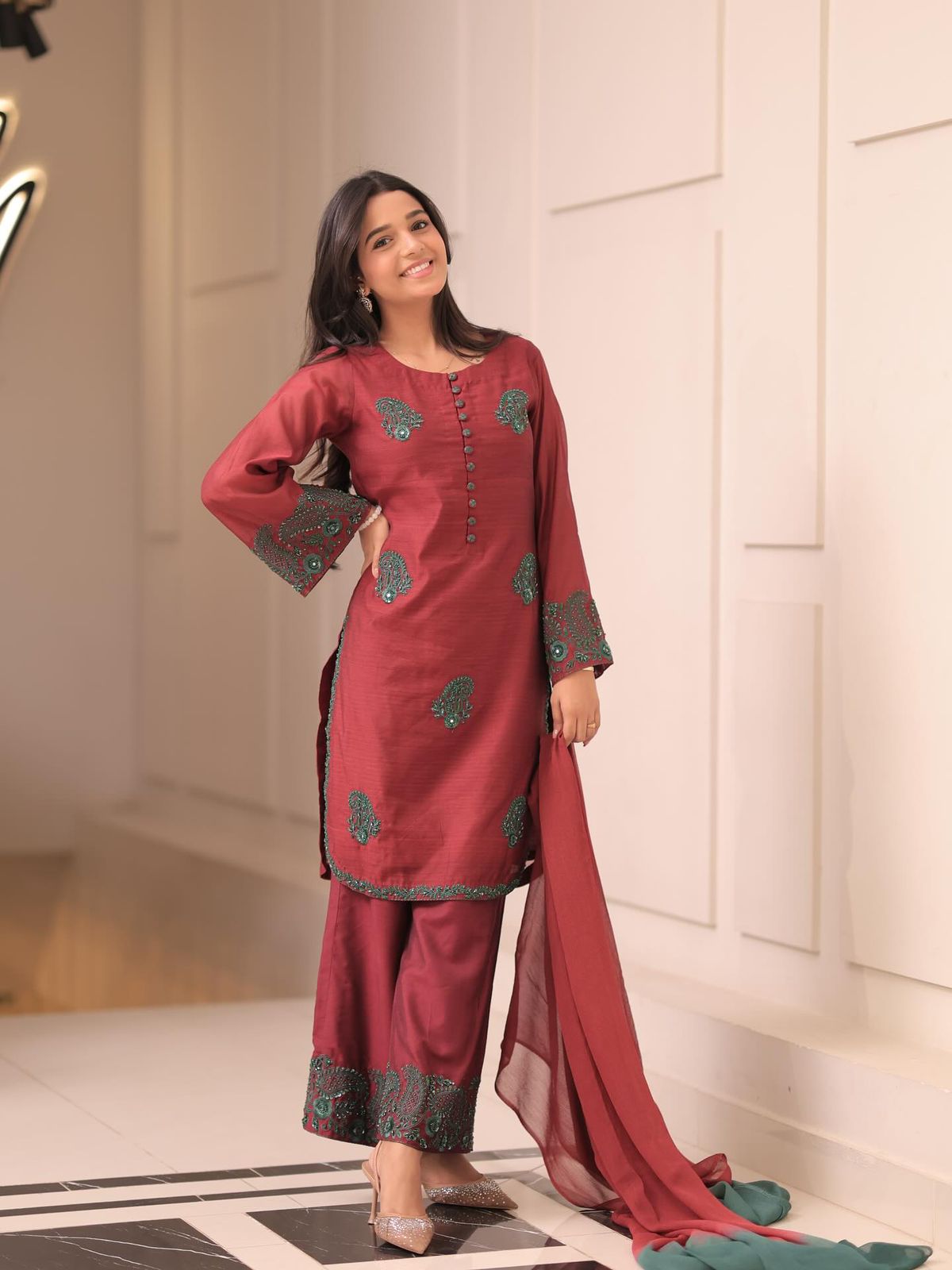 Luxury Maroon Embroidered Suit Set