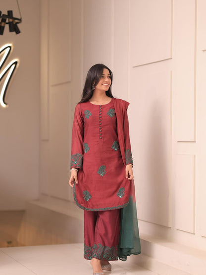Luxury Maroon Embroidered Suit Set