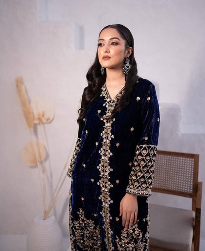 Luxury Festive Royal Blue Velvet Embroidered Suit Set