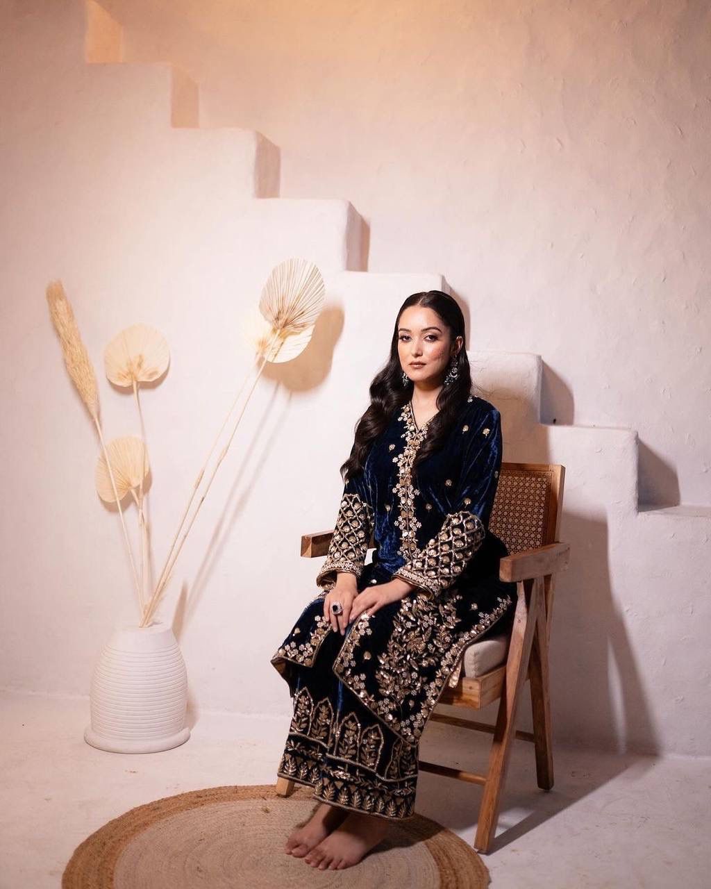 Luxury Festive Royal Blue Velvet Embroidered Suit Set