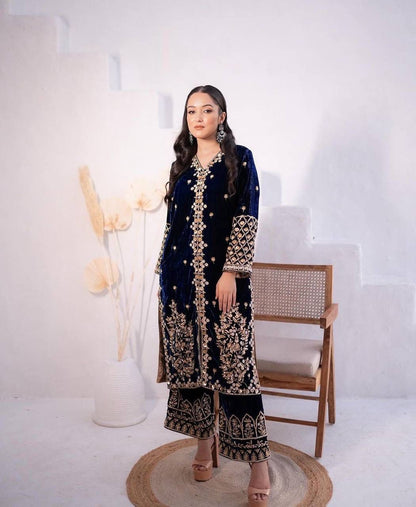 Luxury Festive Royal Blue Velvet Embroidered Suit Set