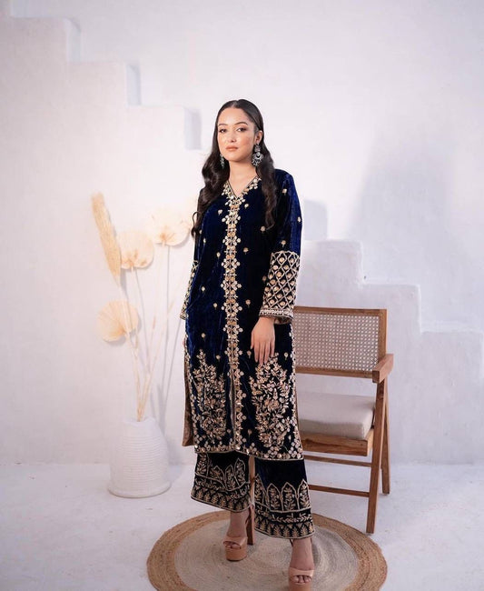 Luxury Festive Royal Blue Velvet Embroidered Suit Set