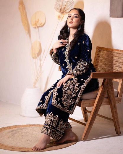 Luxury Festive Royal Blue Velvet Embroidered Suit Set