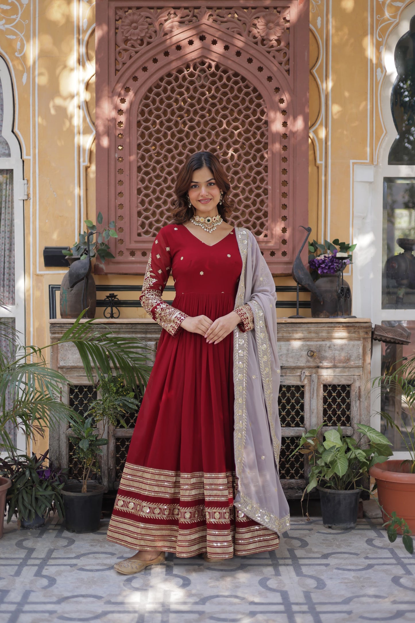 Festive Maroon Anarkali Dress for Wedding Events