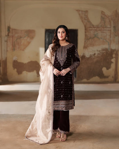 Regal Velvet Embroidered Suit Set with Organza Dupatta