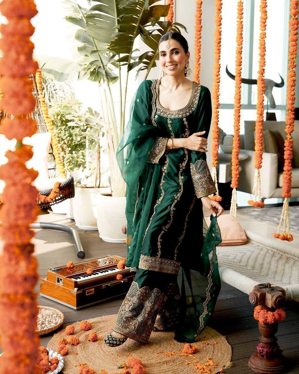 Royal Green Embroidered Georgette Suit Set