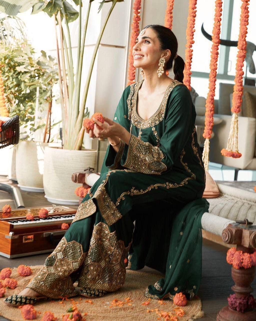 Royal Green Embroidered Georgette Suit Set