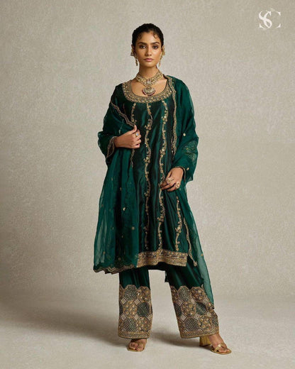 Royal Green Embroidered Georgette Suit Set