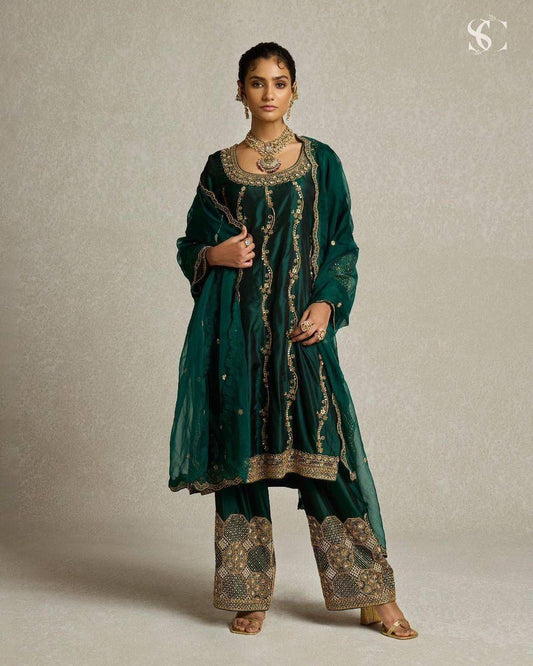 Royal Green Embroidered Georgette Suit Set