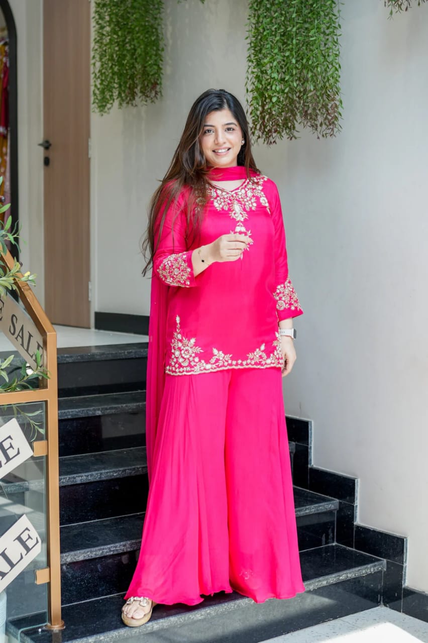 Hot Pink Embroidered Georgette Kurta Sharara Set
