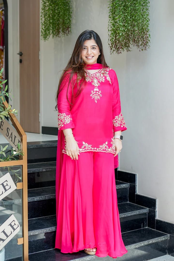 Hot Pink Embroidered Georgette Kurta Sharara Set