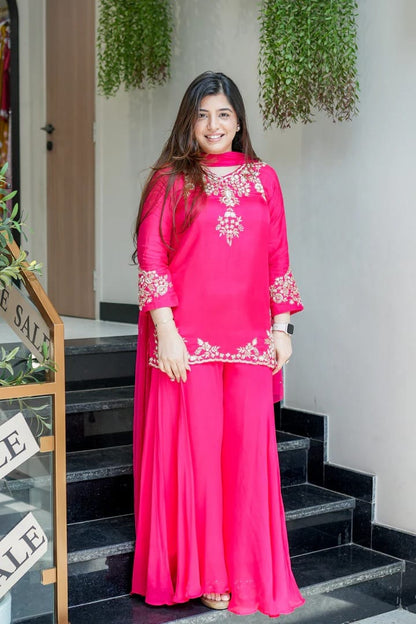 Hot Pink Embroidered Georgette Kurta Sharara Set
