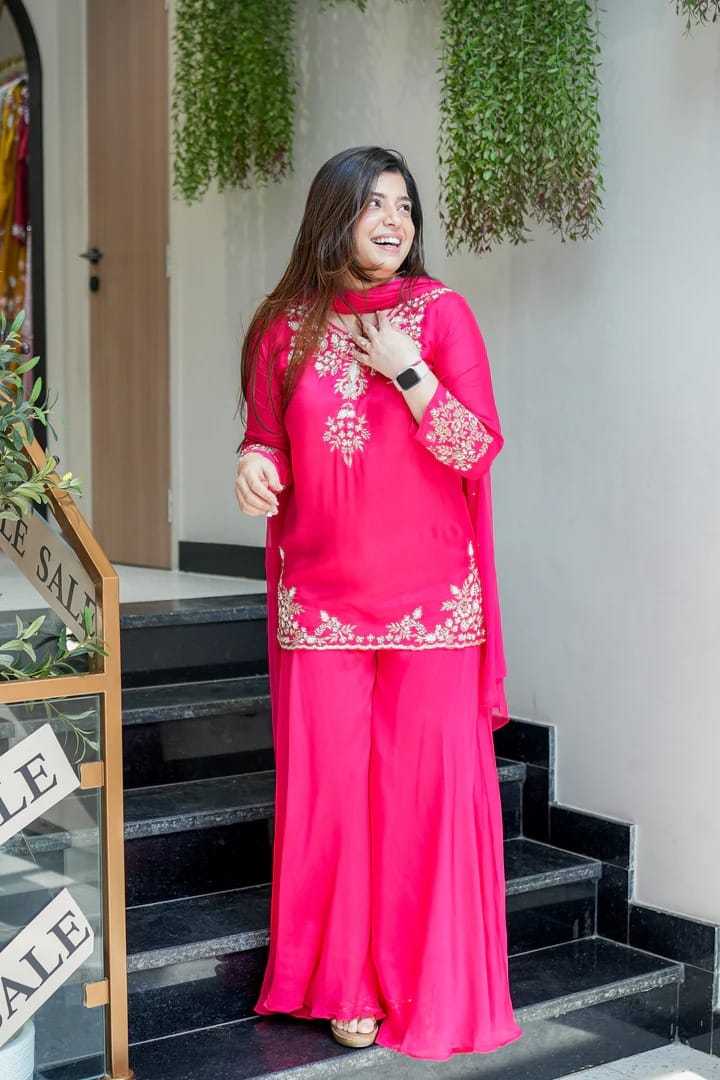Hot Pink Embroidered Georgette Kurta Sharara Set