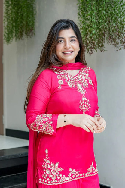 Hot Pink Embroidered Georgette Kurta Sharara Set