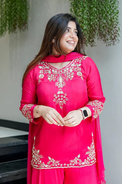 Hot Pink Embroidered Georgette Kurta Sharara Set