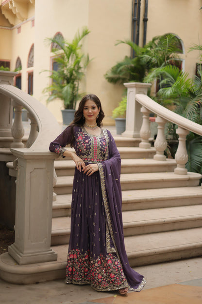 Regal Aubergine Anarkali Gown with Multi Color Floral Embroidery