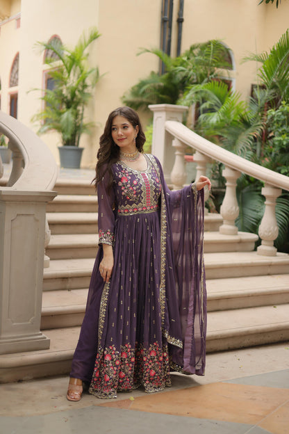 Regal Aubergine Anarkali Gown with Multi Color Floral Embroidery