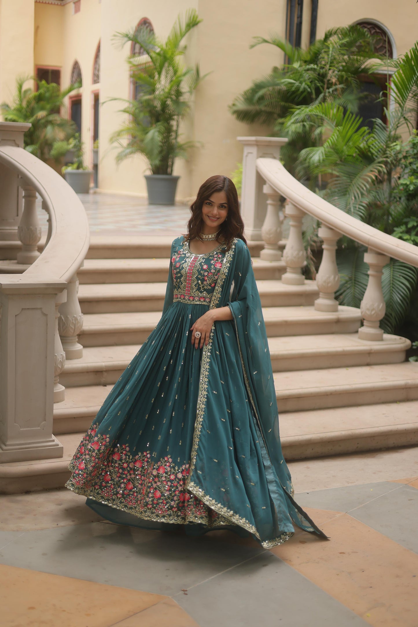 Exquisite Teal Anarkali Gown with Multi Color Floral Embroidery