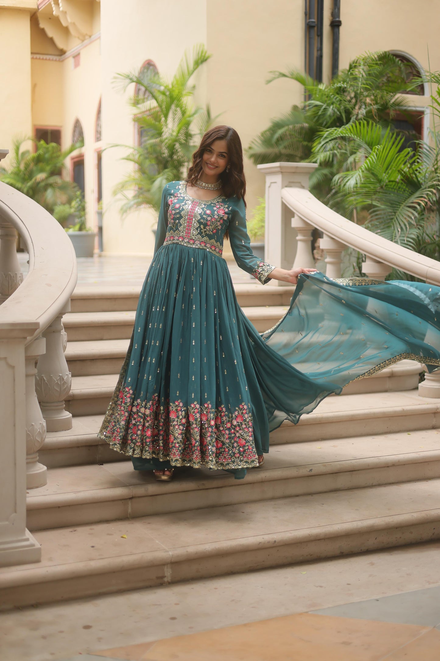 Exquisite Teal Anarkali Gown with Multi Color Floral Embroidery