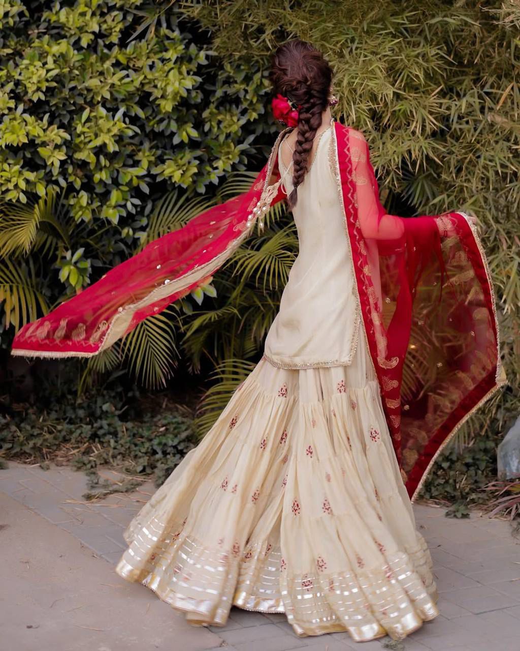 Traditional Ivory Sharara Suit with Embroidered Red Dupatta