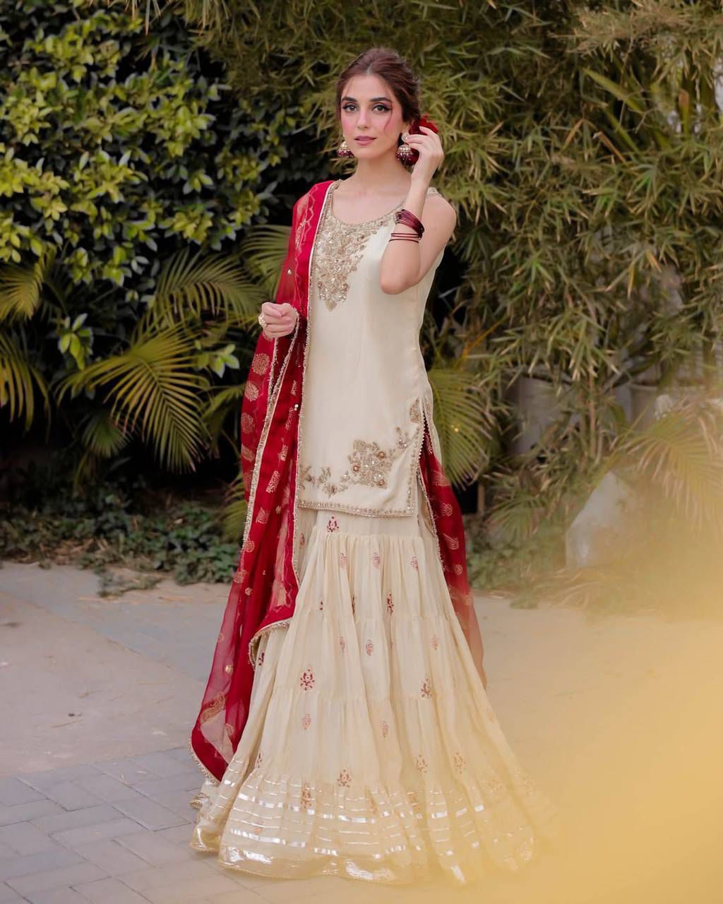Traditional Ivory Sharara Suit with Embroidered Red Dupatta