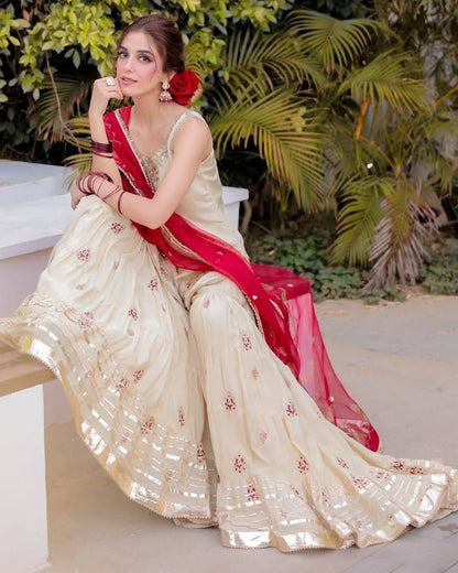 Traditional Ivory Sharara Suit with Embroidered Red Dupatta