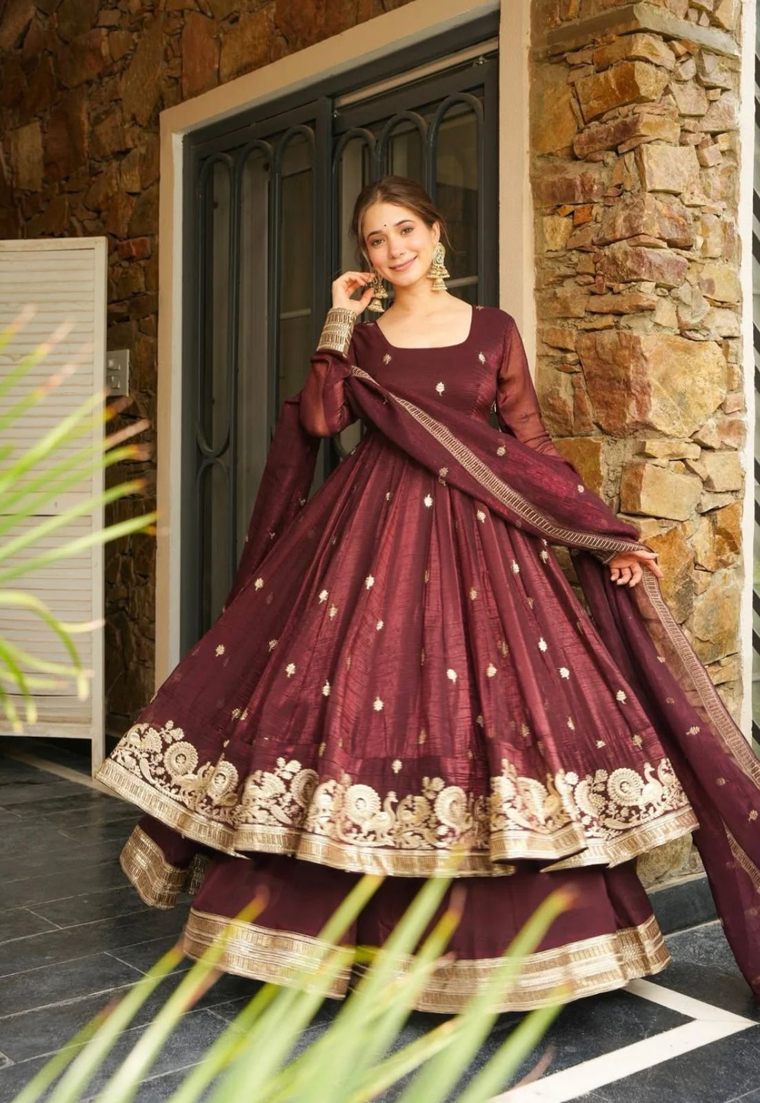 Traditional Maroon Silk Anarkali Outfit