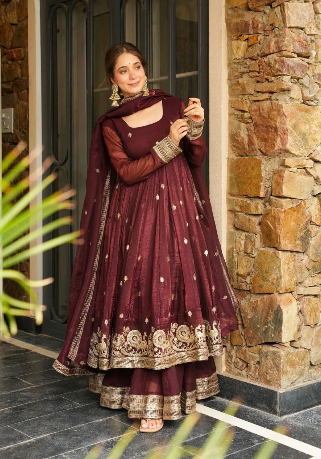 Traditional Maroon Silk Anarkali Outfit