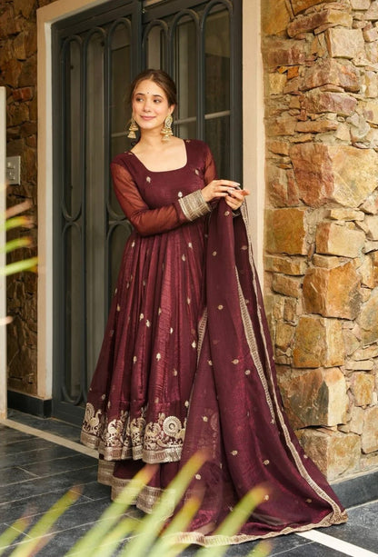 Traditional Maroon Silk Anarkali Outfit