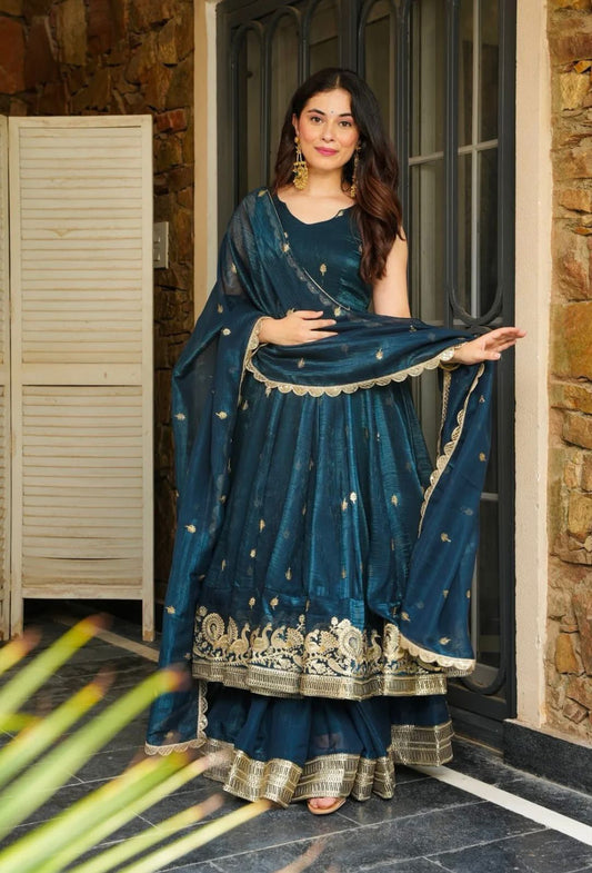 Luxury Teal Silk Anarkali Outfit