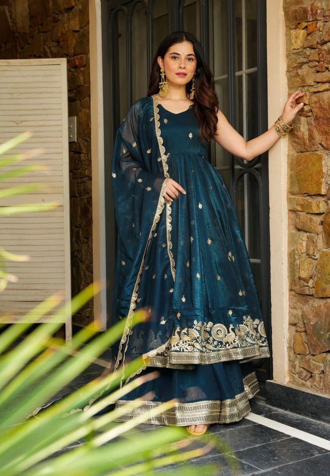 Luxury Teal Silk Anarkali Outfit